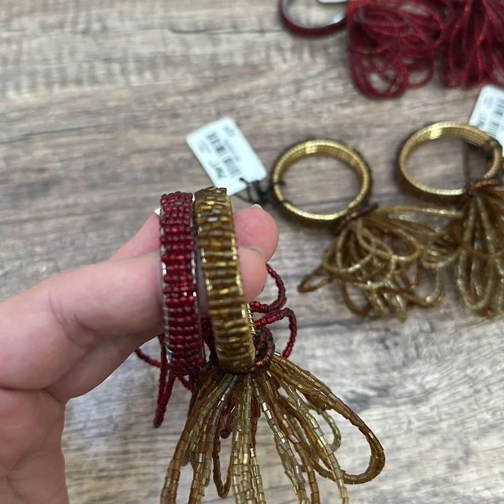 NWT 8 Pier 1 Napkin Rings Floral Beaded Jeweled Christmas Red Gold